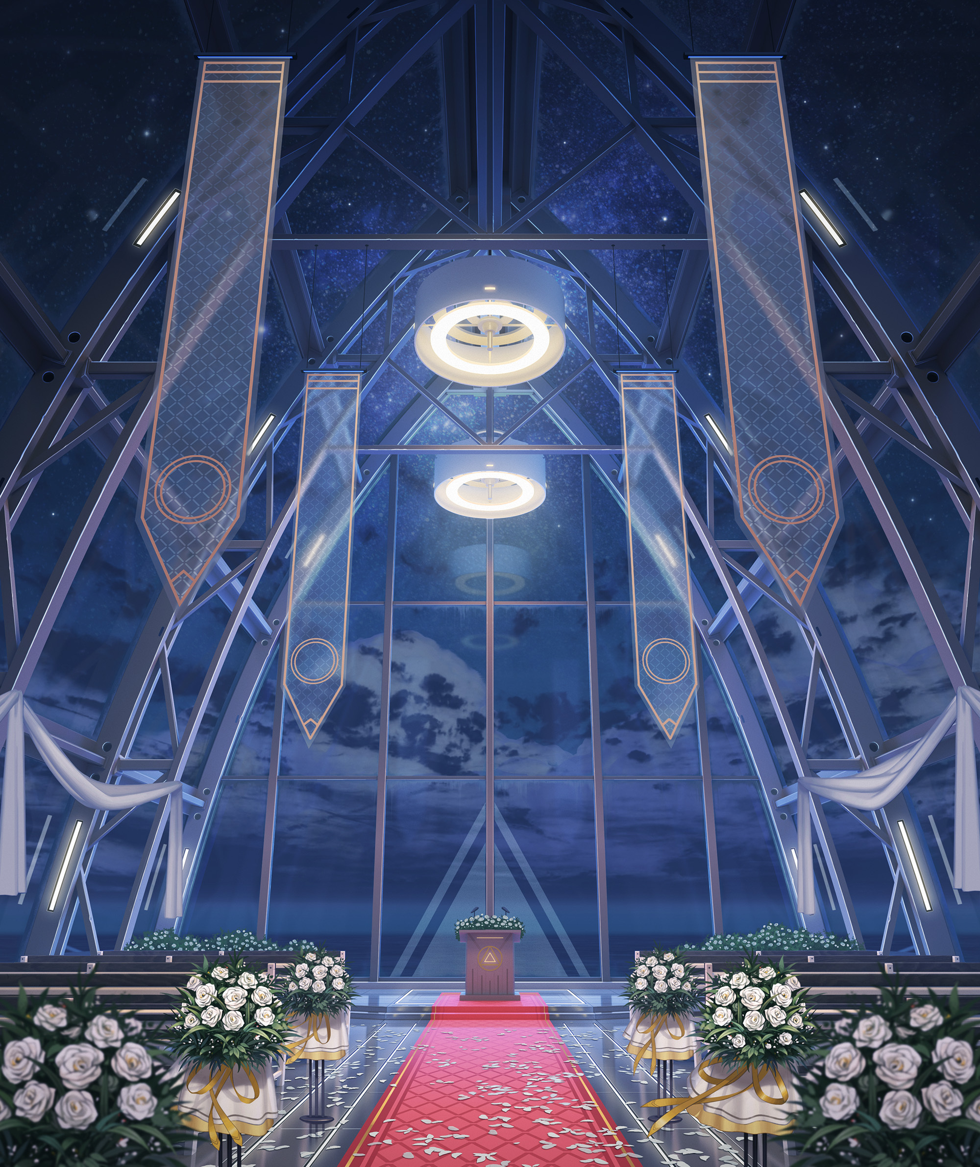 mangshuo, black surge night, chinese commentary, highres, official art, architecture, banner, bouquet, cloud, flower, glass ceiling, glass wall, hanging light, indoors, lectern, night, night sky, no humans, ocean, petals, pew, red carpet, rose, scenery, sky, stanchion, star (sky), starry sky, white flower, white rose
