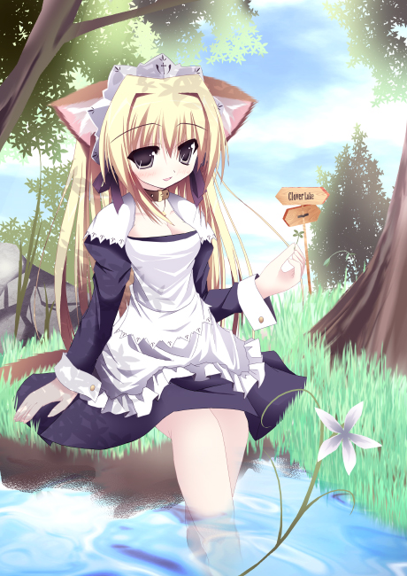 shirokoma (wagahai hakushaku), original, 1girl, animal ears, blonde hair, cat ears, clover, female focus, flower, holding, holding clover, long hair, maid, nature, sitting, soaking feet, solo, water