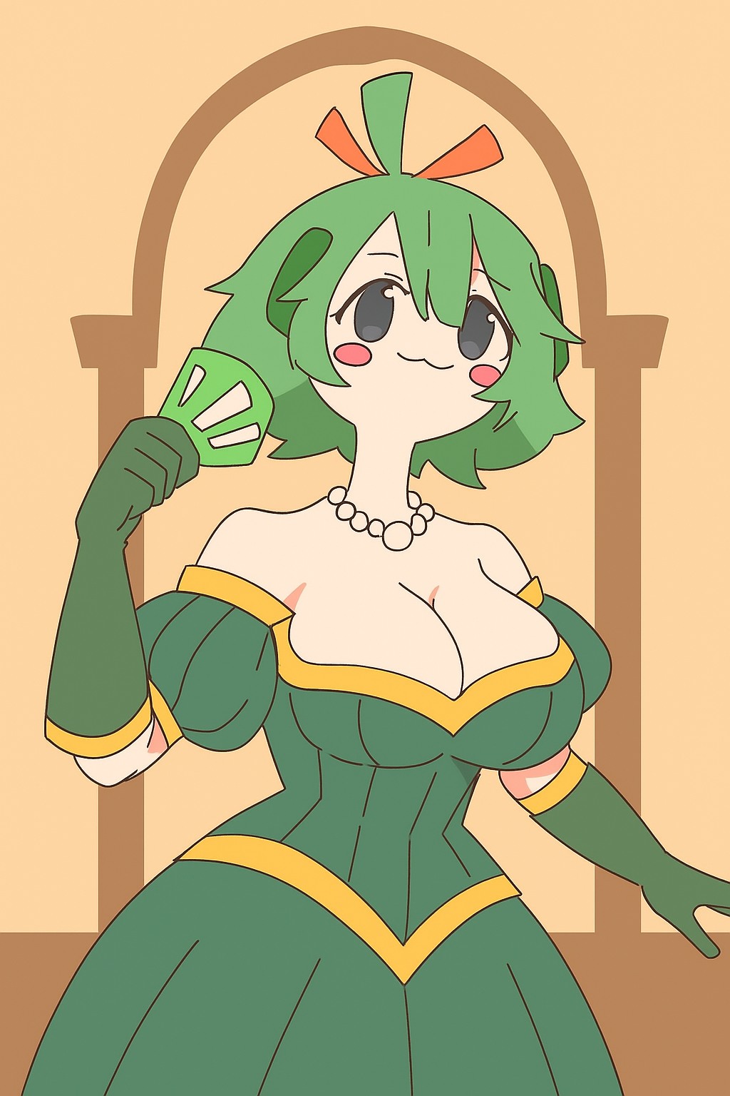 browser, original, highres, official art, 1girl, :3, black eyes, blush, breasts, cleavage, closed mouth, coccoc, coccoc (browser), colored skin, dress, gloves, green dress, green gloves, green hair, holding, jewelry, large breasts, necklace, pearl necklace, shirt, short hair, simple background, skirt, smile, solo, white skin