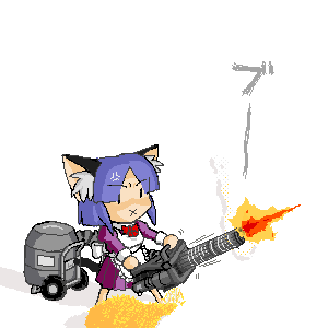 lowres, 1girl, animal ear fluff, animal ears, cat ears, chainsaw grip, female focus, firing, gatling gun, gun, kemonomimi mode, m134 minigun, machine gun, maid, medium machine gun, minigun, multiple-barrel gun, muzzle flash, rotary machine gun, solo, weapon, x mouth