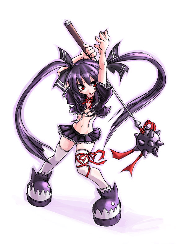 kobayashi tetsuya, kooh (pangya), pangya, mace, outline, purple outline, red eyes, ribbon, skirt, thighhighs, twintails, weapon