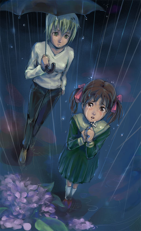 fukuzawa yumi, satou sei, maria-sama ga miteru, 00s, 2girls, blonde hair, brown hair, cross, flower, from above, holding, hydrangea, looking up, multiple girls, rain, sad, school uniform, short hair, tears, twintails, umbrella