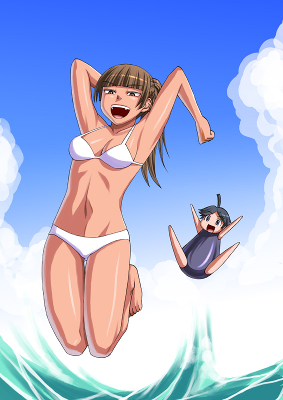katwu (gensou ninja yashiki), tsukiyama minako, yamaguchi mami, maria-sama ga miteru, 00s, 2girls, :d, armpits, arms up, barefoot, bikini, cloud, day, fang, hair ornament, hairclip, hairpin, jumping, multiple girls, navel, open mouth, outdoors, ponytail, sky, smile, swimsuit, water, white bikini