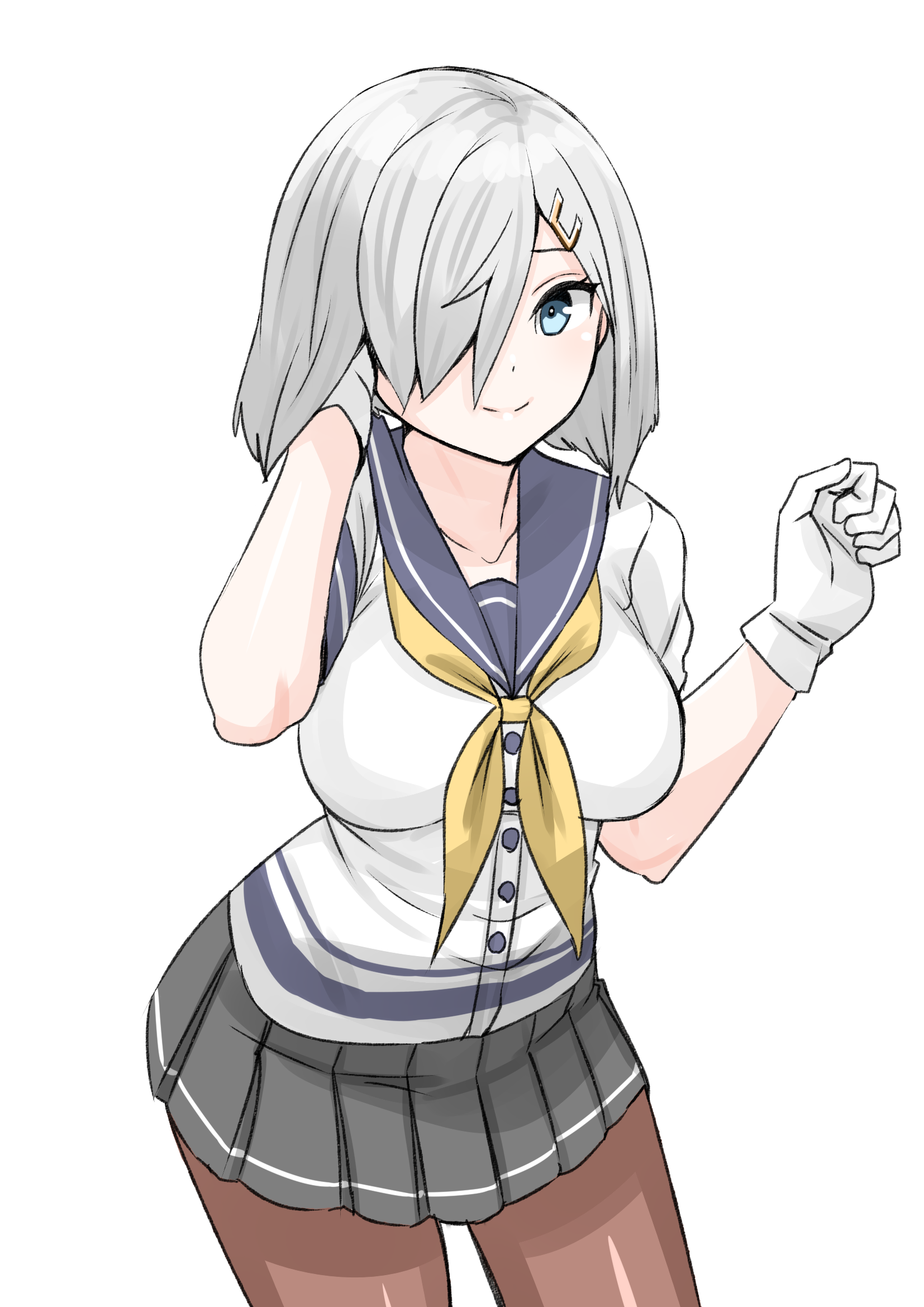 30-06, hamakaze (kancolle), kantai collection, commentary, highres, 1girl, black pantyhose, blue eyes, blue sailor collar, breasts, cowboy shot, gloves, grey hair, grey skirt, hair ornament, hair over one eye, hairclip, large breasts, looking at viewer, neckerchief, pantyhose, pleated skirt, sailor collar, school uniform, serafuku, shirt, short hair, short sleeves, simple background, skirt, smile, solo, standing, white background, white gloves, white shirt, yellow neckerchief