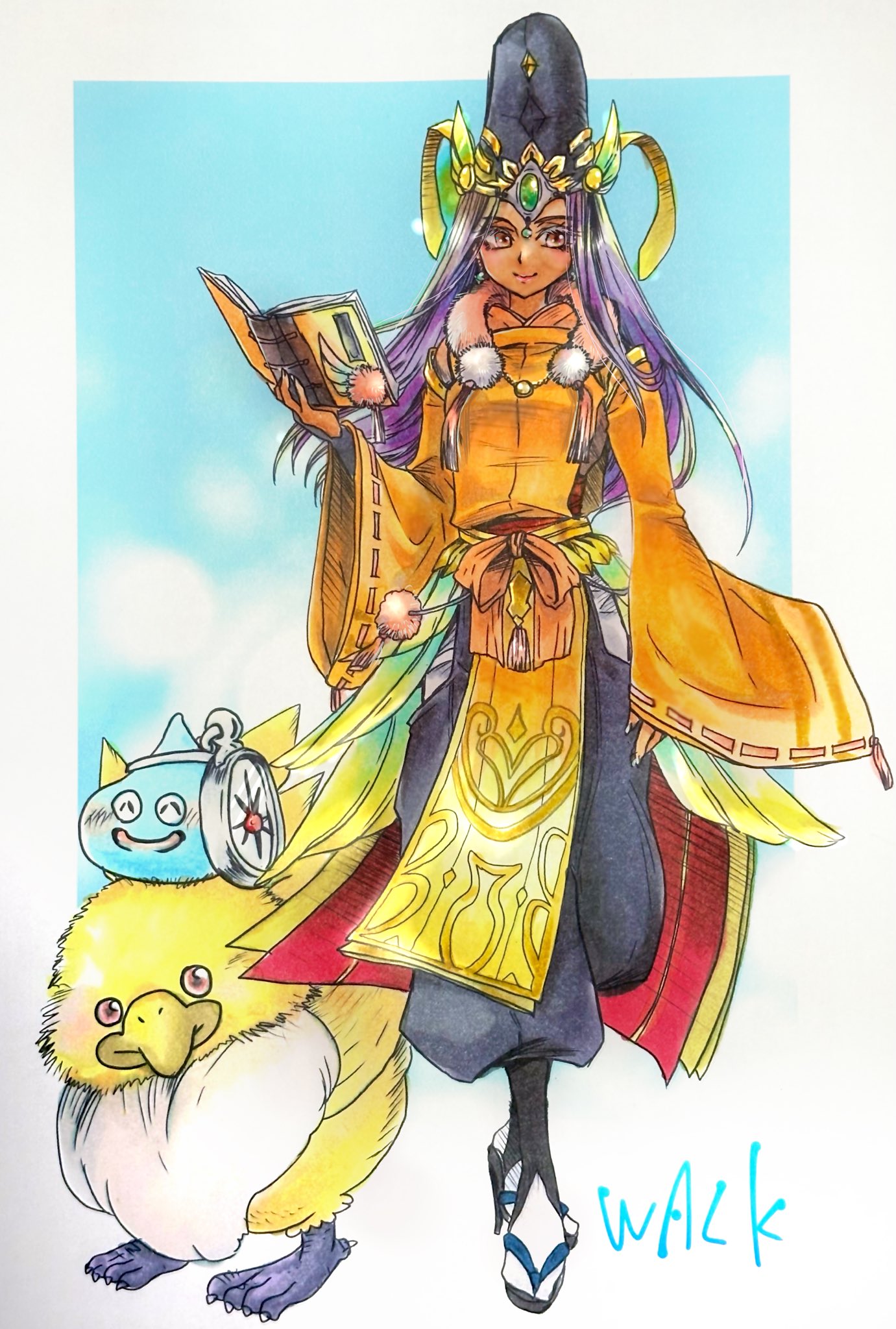 ai89187518, minea (dq4), slime (dragon quest), dragon quest, dragon quest iv, highres, alternate costume, bird, black bridal gauntlets, black pants, book, bridal gauntlets, brown eyes, circlet, colored eyelashes, copyright name, crossed legs, dragon quest walk, earrings, feathers, forehead jewel, full body, gem, green gemstone, hand up, hat, holding, holding book, jewelry, long sleeves, looking to the side, onmyouji, pants, pelvic curtain, purple hair, silver circlet, slime (substance), smile, solo focus, sphere earrings, standing, tate eboshi, watson cross, wide sleeves, yellow feathers