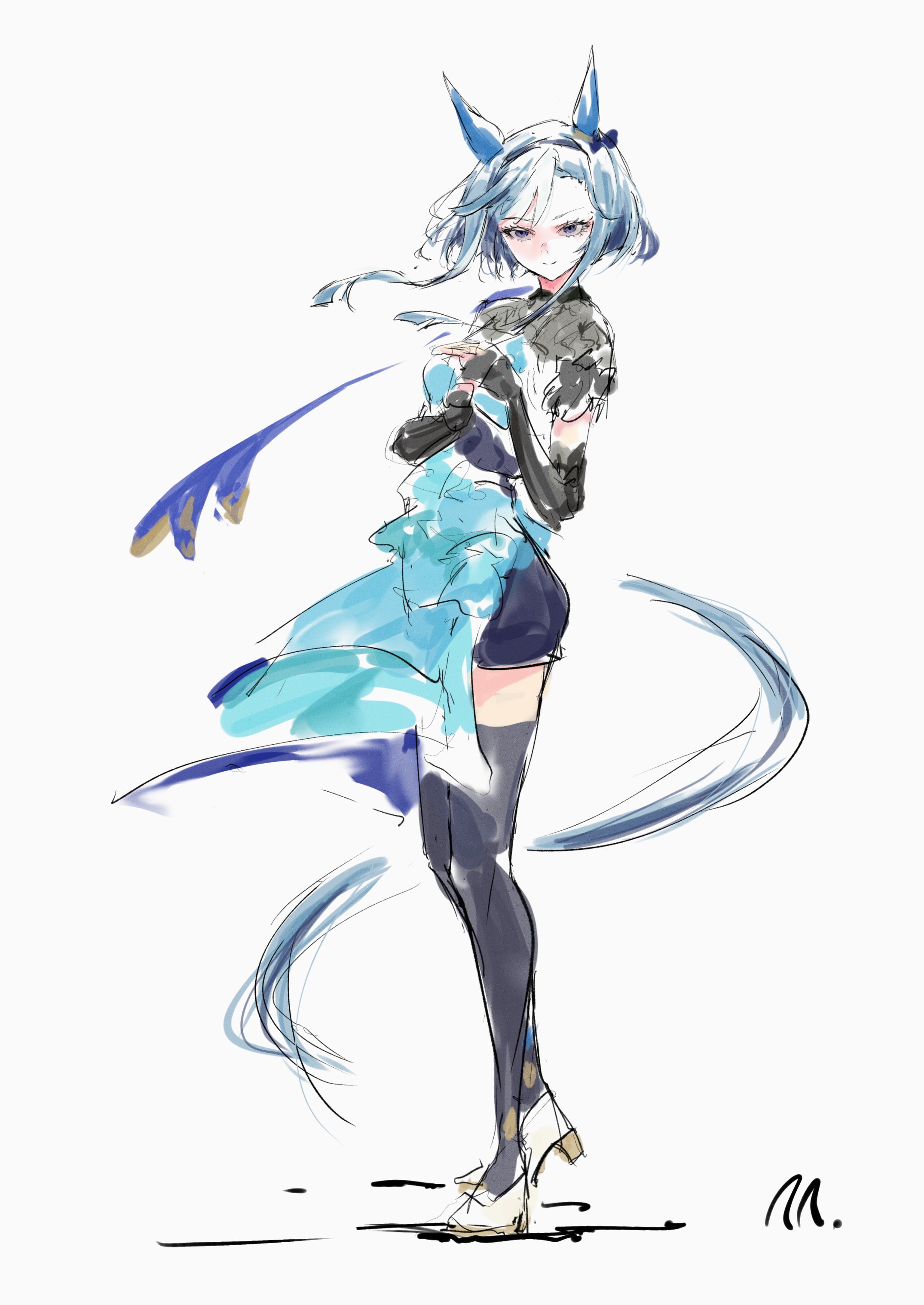 ringring (artist), umamusume, absurdres, highres, medium request, 1girl, admire groove (umamusume), aqua dress, black thighhighs, blue hair, dress, ear ornament, frilled dress, frills, full body, long hair, looking at viewer, shoes, short hair with long locks, sketch, solo, thighhighs, tsurime, white hair, white shoes