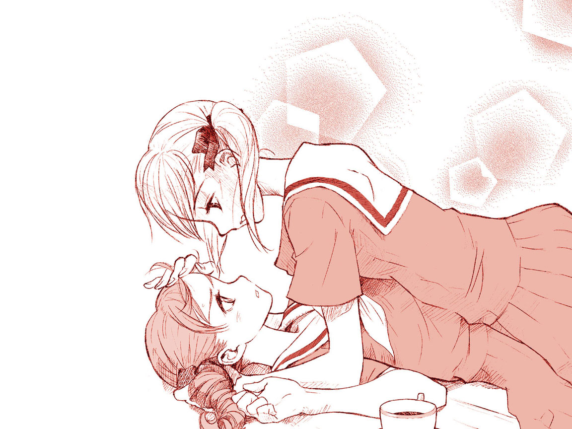 fukuzawa yumi, matsudaira touko, maria-sama ga miteru, 00s, 2girls, cup, curly hair, eye contact, forehead, girl on top, hair ribbon, looking at another, lying, monochrome, multiple girls, open mouth, profile, ribbon, ruffling hair, school uniform, serafuku, short hair, short sleeves, sketch, sweat, teacup, twintails, yuri