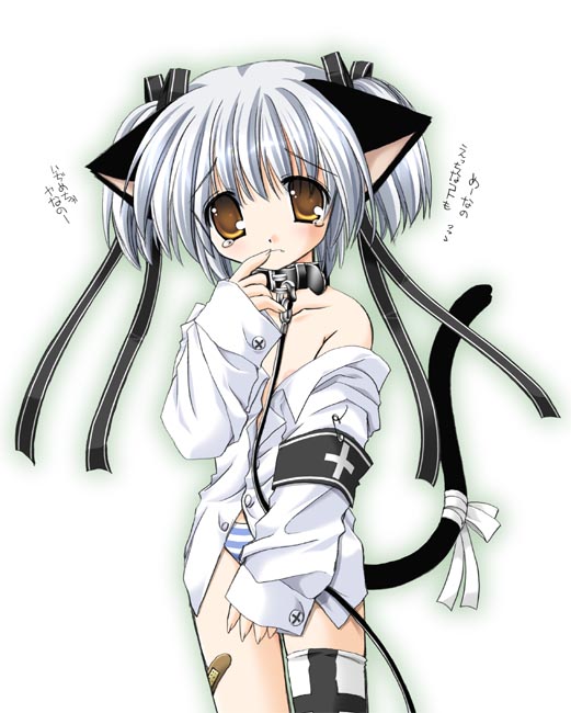 nekoneko, silver hair, copyright request, 1girl, animal ears, armband, bandaid, bandaid on leg, black ribbon, brown eyes, cat ears, cat tail, collar, cowboy shot, cross, cross print, dress shirt, female focus, finger to mouth, flat chest, hair ribbon, leash, loli, long sleeves, looking at viewer, no pants, off shoulder, panties, ribbon, safety pin, shirt, simple background, single thighhigh, sleeves past wrists, solo, striped clothes, striped panties, tail, tail ornament, tail ribbon, tareme, tears, thighhighs, two side up, underwear, white background, white shirt