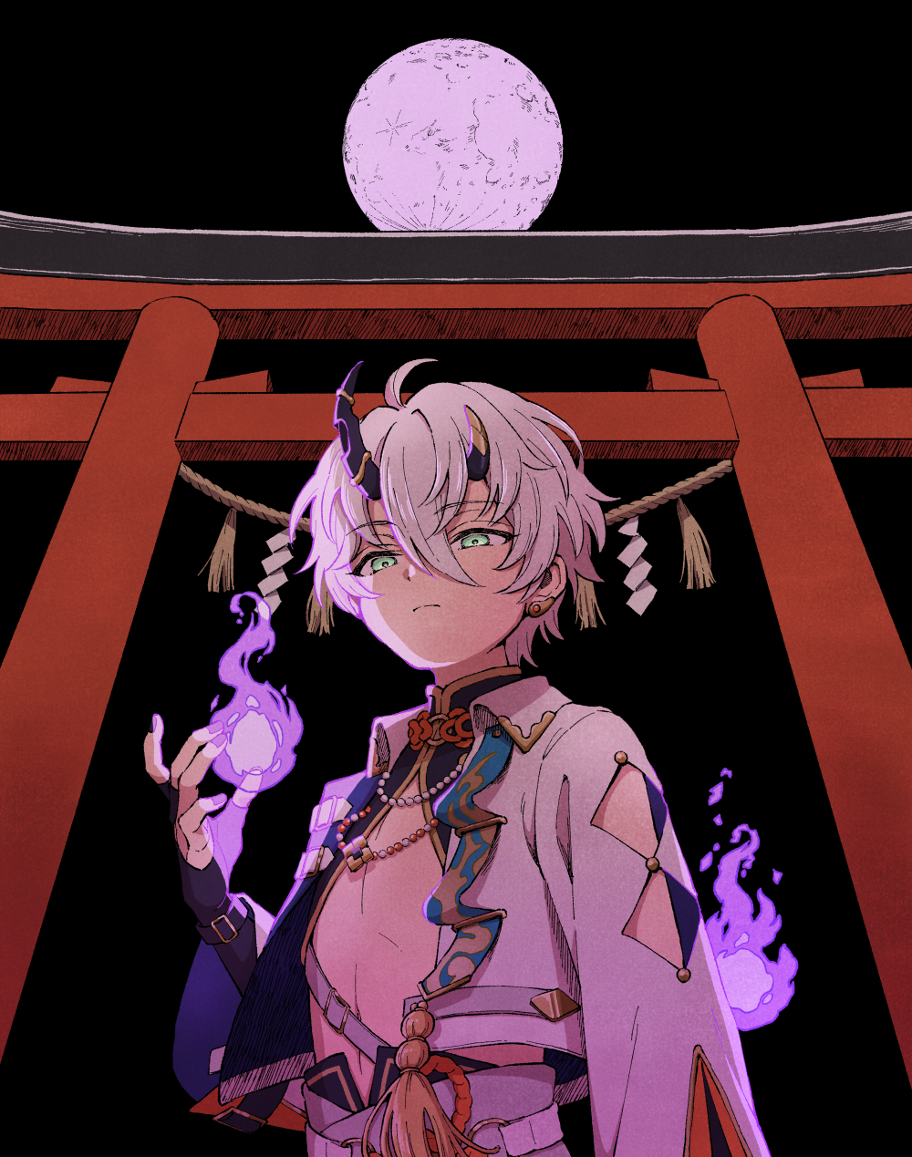 natsu kanna, ensemble stars!, highres, 1boy, ahoge, arm at side, asymmetrical horns, belt, black horns, black shrug, black sky, closed mouth, diamond cutout, double-parted bangs, downturned eyes, ear cuffs, fire, from below, full moon, green eyes, grey hair, grey pants, hair between eyes, hand up, horns, male focus, mandarin collar, moi 658, moon, navel, night, outdoors, pants, purple fire, purple nails, pyrokinesis, short hair, shrug (clothing), sky, solo, tassel, torii, uneven horns, upper body, white belt