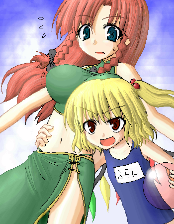 flandre scarlet, hong meiling, embodiment of scarlet devil, touhou, lowres, 2girls, ^^^, arm around waist, ball, beachball, bikini, blonde hair, blue eyes, bow, braid, breasts, china dress, chinese clothes, dress, female focus, hair bobbles, hair bow, hair ornament, large breasts, long hair, multiple girls, name tag, oekaki, one-piece swimsuit, open mouth, red eyes, red hair, school swimsuit, short hair, side ponytail, sweatdrop, swimsuit, twin braids, wings