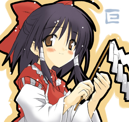 hakurei reimu, touhou, 1girl, blush, bow, female focus, gohei, hair bow, hair tubes, half updo, holding, holding gohei, japanese clothes, miko, smile, solo