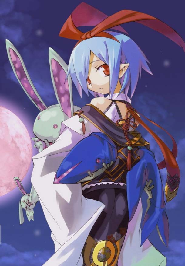 ryo (botugo), pleinair, usagi-san, disgaea, nippon ichi, original, 1girl, blue hair, female focus, full moon, hairband, japanese clothes, kimono, long sleeves, looking back, moon, night, off shoulder, pointy ears, rabbit, red eyes, ribbon, short hair, sky, solo, stuffed animal, stuffed rabbit, stuffed toy, yukata