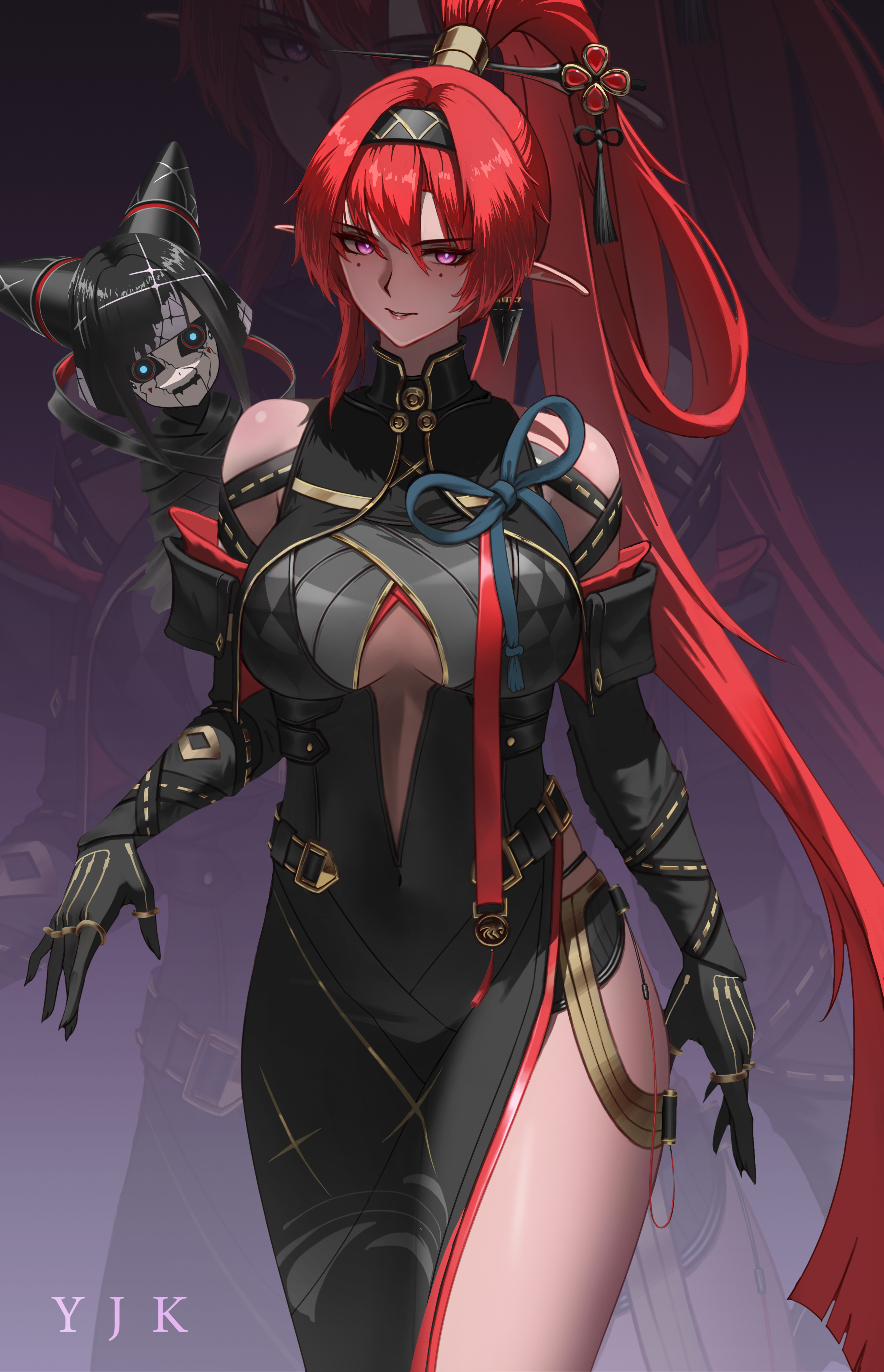 yjk-psycho, yinlin (wuthering waves), wuthering waves, absurdres, commentary, highres, 1girl, artist name, bare shoulders, black bodysuit, black gloves, black shorts, bodysuit, breasts, circle facial mark, earrings, elbow gloves, gloves, hair between eyes, hair ornament, hair stick, hand up, high ponytail, jewelry, katsuyamamage, long hair, looking at viewer, mark under both eyes, medium breasts, parted lips, pointy ears, ponytail, purple eyes, red hair, short shorts, shorts, single earring, very long hair, zapstring (wuthering waves), zoom layer