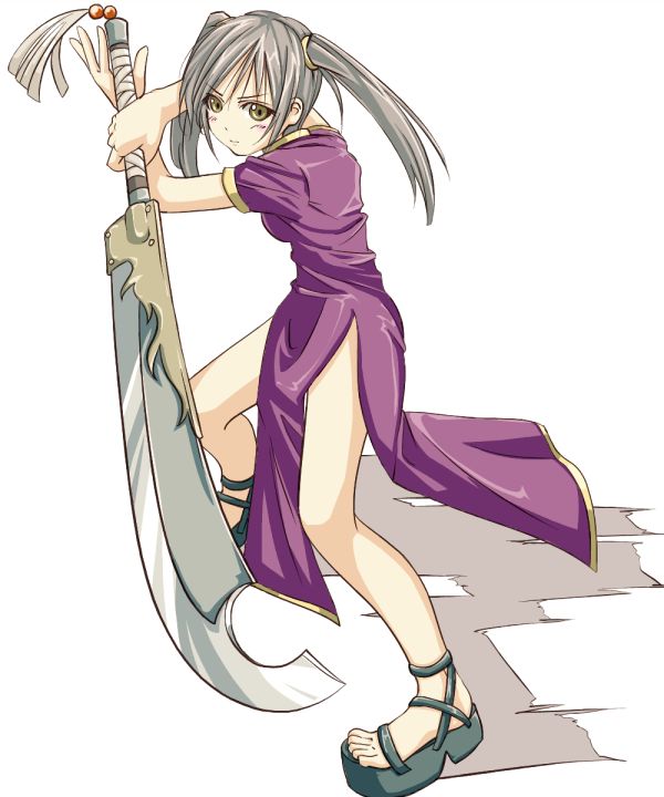 1girl, china dress, chinese clothes, dao (weapon), dress, female focus, sandals, solo, sword, thighs, twintails, weapon, yellow eyes