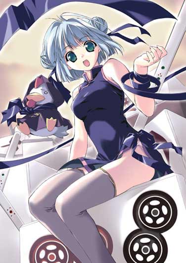shintarou, itsushiki midori, eve license organization, silver hair, non-web source, 1girl, ahoge, bare shoulders, bird, bow, chicken, china dress, chinese clothes, cloak, double bun, dress, female focus, green eyes, grey thighhighs, hair bun, hair ribbon, legs, long legs, open mouth, ribbon, rooster, short hair, sitting, solo, thighhighs, thighs, zettai ryouiki
