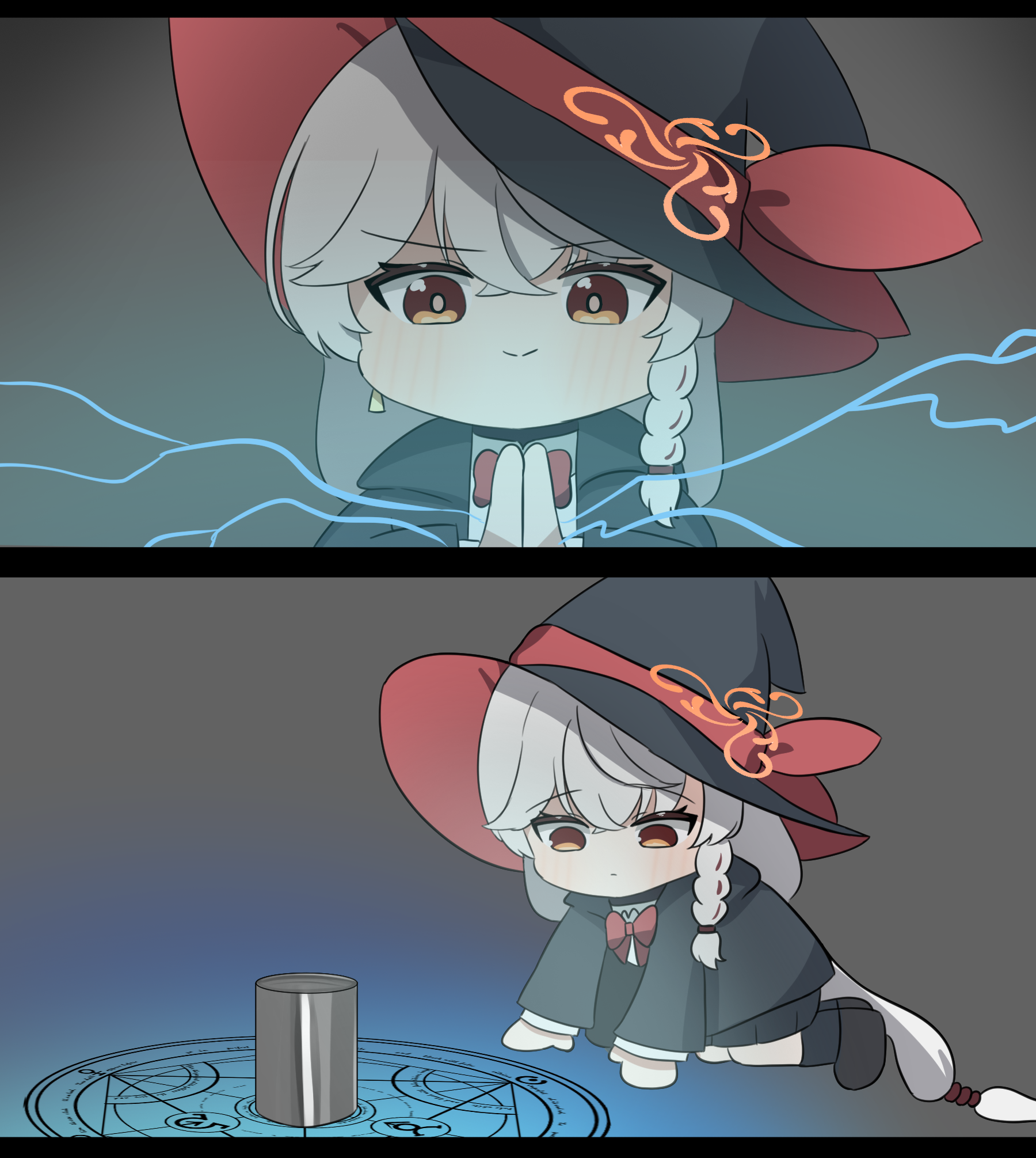 eri (blue archive), blue archive, fullmetal alchemist, all fours, bow, bowtie, braid, chibi, halo, hat, jacket, long coat, long hair, magic circle, orange eyes, shirt, skirt, sweater, white hair, witch hat