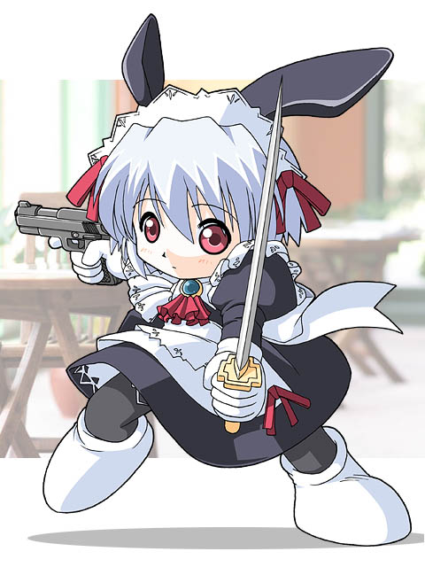 hoihoi-san, kotonomiya yuki, ichigeki sacchuu!! hoihoi-san, suigetsu, black legwear, white footwear, artist request, 1girl, animal ears, apron, ascot, blurry, bow, brooch, chibi, chibi only, crossover, depth of field, dot nose, facing viewer, female focus, full body, gloves, gun, hair bow, handgun, jewelry, juliet sleeves, long sleeves, looking at viewer, maid, maid headdress, parody, photo background, pistol, puffy sleeves, rabbit ears, red ascot, red bow, red eyes, solo, sword, weapon, white apron, white gloves
