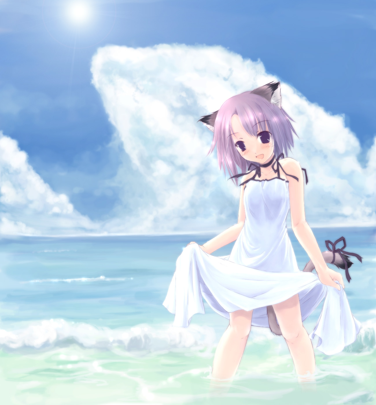 yukitarou (awamori), original, highres, 1girl, :d, animal ears, cat ears, choker, cloud, day, dress, female focus, ocean, open mouth, outdoors, purple eyes, purple hair, ribbon, short hair, skirt, skirt hold, sky, smile, solo, sun, sundress, tail, tail ornament, tail ribbon, wading, water, white skirt