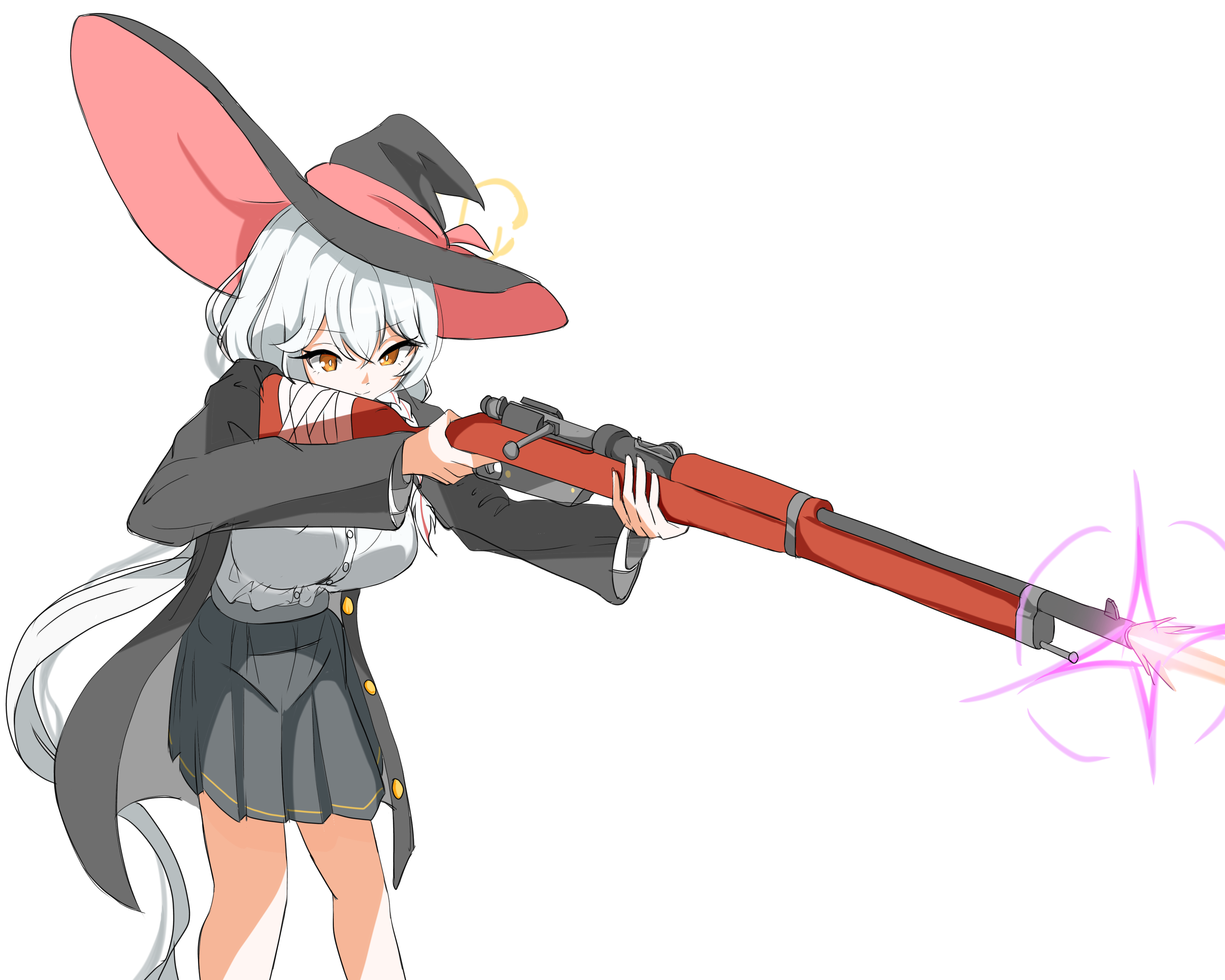 eri (blue archive), blue archive, aiming, bolt action, bow, bowtie, braid, firing, gun, halo, hat, jacket, long coat, long hair, muzzle flash, orange eyes, rifle, shirt, skirt, sweater, weapon, white hair, witch hat