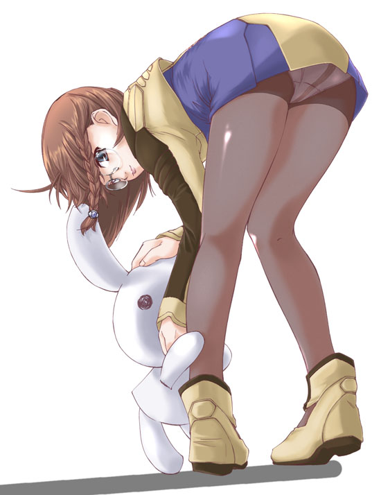 bunnie, shion uzuki, xeno (series), xenosaga, uniform, 00s, 1girl, ass, bent over, blue eyes, braid, brown hair, female focus, glasses, legs, panties, panties under pantyhose, pantyhose, round eyewear, shoes, side braid, solo, underwear, yellow shoes
