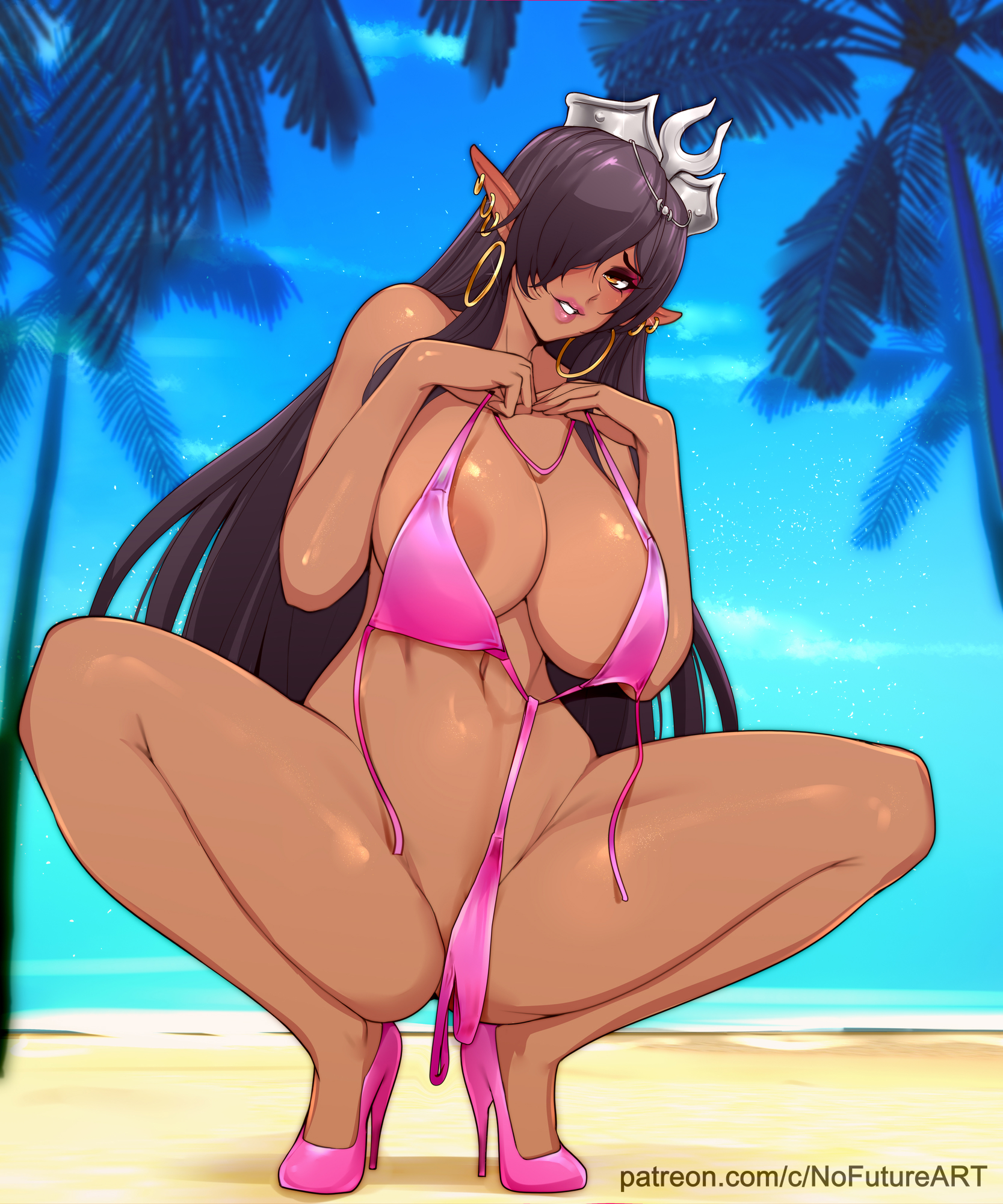 nofuture, olga discordia, kuroinu ~kedakaki seijo wa hakudaku ni somaru~, 1girl, artist name, bare shoulders, beach, black hair, blush, breasts, collarbone, crown, dark-skinned female, dark elf, dark skin, earrings, elf, female focus, hoop earrings, jewelry, large breasts, lips, long hair, palm leaf, palm tree, patreon username, pointy ears, sand, shiny skin, spread legs, swimsuit, thighs, tree, yellow eyes