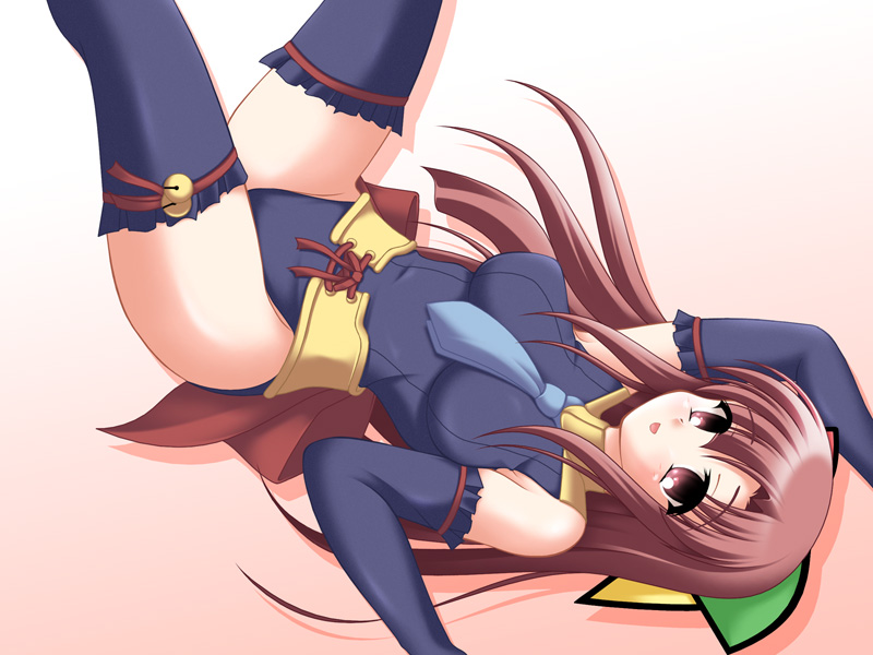 kakesu, 95-tan, os-tan, 1girl, blush, bow, breasts, brown hair, female focus, hair bow, long hair, lying, necktie, smile, solo, thighhighs, zettai ryouiki