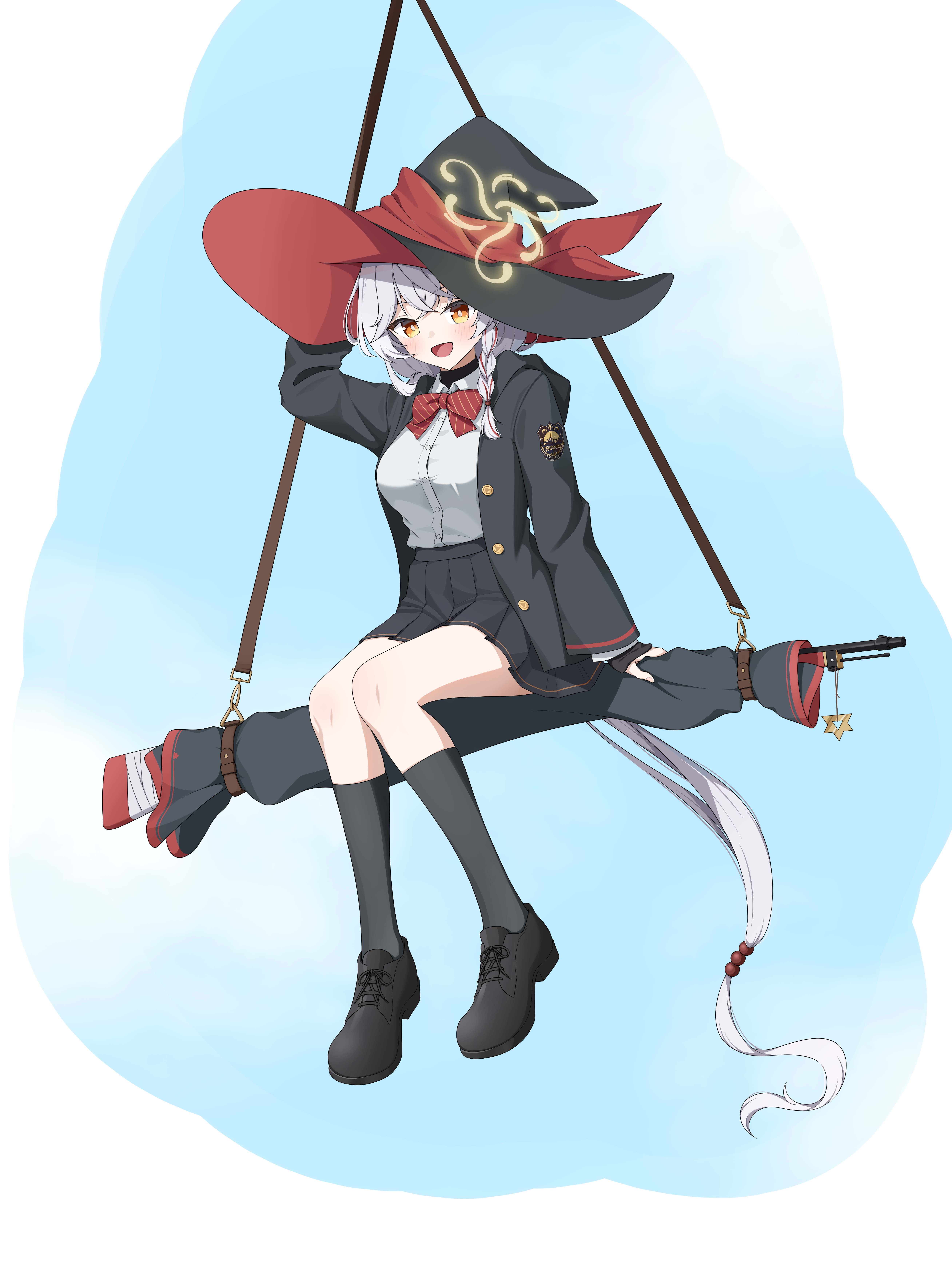 eri (blue archive), blue archive, ankle socks, bow, bowtie, braid, gun, halo, hat, holding headgear, jacket, long coat, long hair, orange eyes, riding, shirt, shoes, skirt, sleeves past wrists, socks, sweater, thighs, weapon, white hair, witch hat