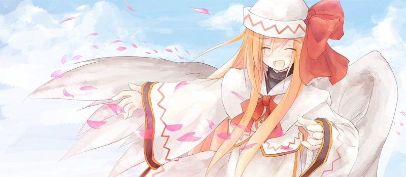 yukitarou (awamori), lily white, touhou, 1girl, blonde hair, cherry blossoms, closed eyes, cloud, day, female focus, hat, hat ribbon, long hair, neck ribbon, open mouth, petals, ribbon, smile, solo, white hat, wide sleeves, wings