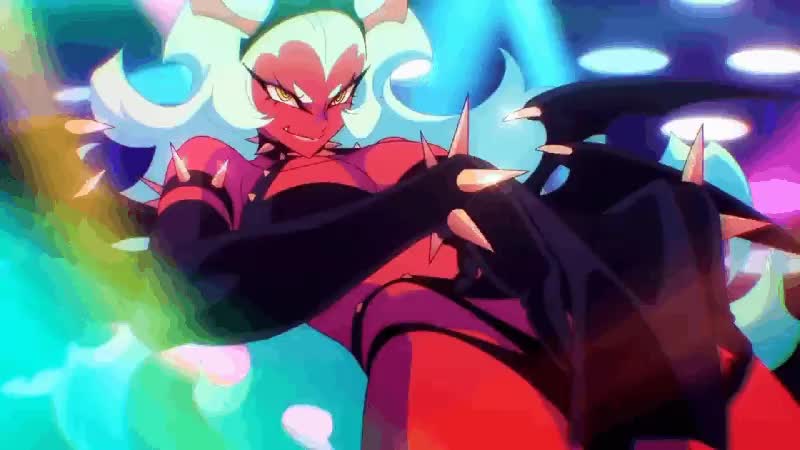 scanty (psg), panty & stocking with garterbelt, animated, tagme, video, 1girl, armlet, breasts, cleavage, collar, colored skin, demon, demon girl, demon horns, demon wings, elbow gloves, gloves, grabbing own breast, horns, jewelry, large breasts, long hair, looking at viewer, navel, red skin, revealing clothes, spiked armlet, spiked collar, spikes, spread legs, wings