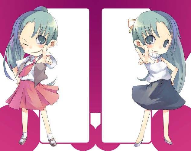 mikage sekizai, sonozaki mion, sonozaki shion, higurashi no naku koro ni, 00s, 2girls, black dress, blush, dress, green eyes, green hair, hand on own hip, long hair, multiple girls, necktie, one eye closed, pointing, red dress, shoes, siblings, sisters, smile, socks, twins, v, vest