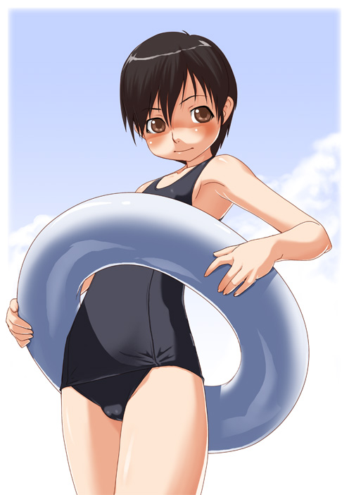 makochin, 1girl, black hair, black one-piece swimsuit, brown eyes, cloud, day, female focus, innertube, one-piece swimsuit, school swimsuit, short hair, sky, solo, swim ring, swimsuit