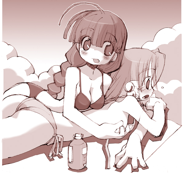 heppokokun, aoba kozue, chanohata tamami, mahoraba, 00s, 2girls, ahoge, ass, bikini, braid, breasts, grabbing another's breast, groping, monochrome, multiple girls, nipples, side-tie bikini bottom, swimsuit, untied bikini, yuri