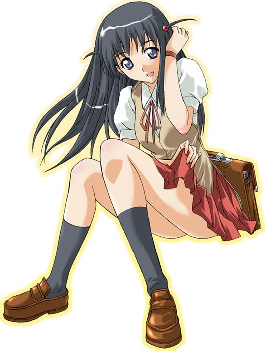 mikage nao, tsukamoto tenma, school rumble, 00s, 1girl, black socks, briefcase, brown shoes, female focus, full body, long hair, looking at viewer, pleated skirt, red skirt, school briefcase, shoes, short sleeves, short twintails, simple background, sitting, skirt, socks, solo, twintails, two side up, white background