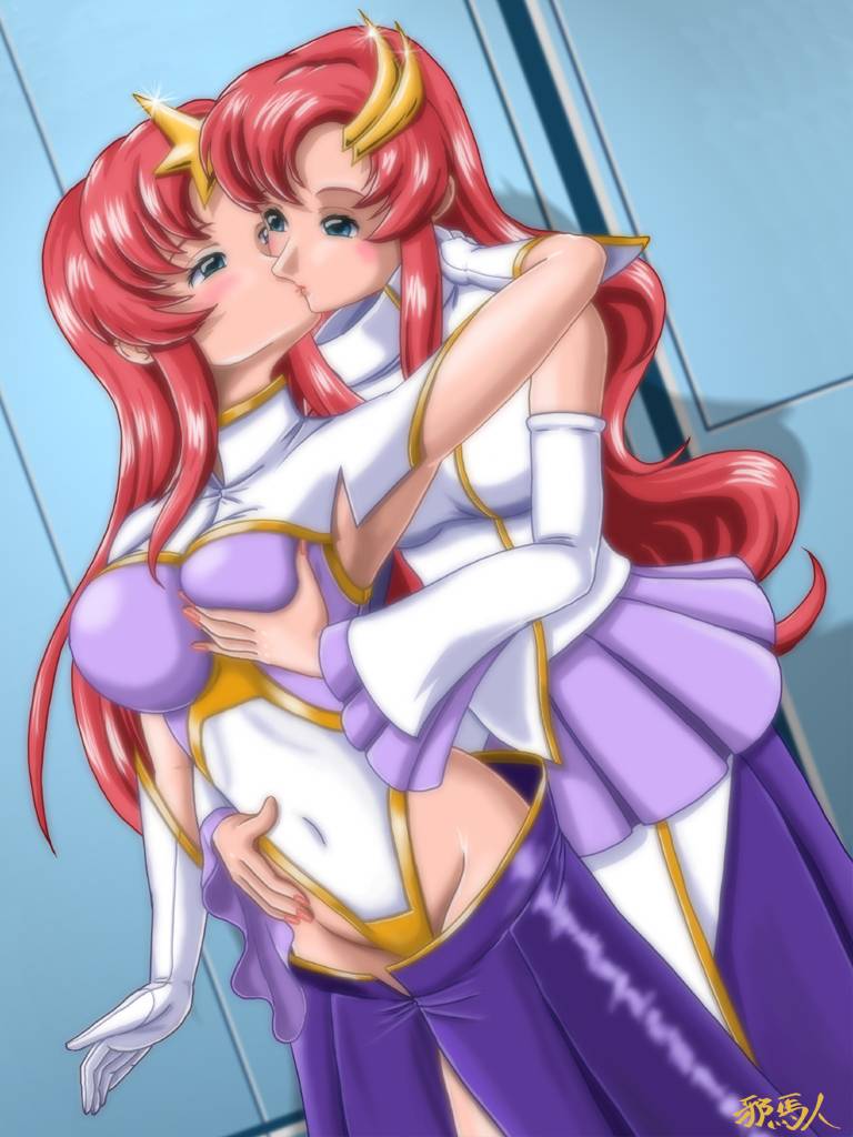 lacus clyne, meer campbell, gundam, gundam seed, gundam seed destiny, 00s, 2girls, blush, breasts, detached sleeves, female focus, grabbing another's breast, groin, groping, hair ornament, highleg, large breasts, leotard, long hair, multiple girls, red hair, star (symbol), star hair ornament, yuri