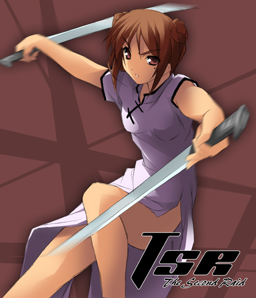 kantoku, xia yu lan, full metal panic!, 00s, 1girl, brown eyes, brown hair, china dress, chinese clothes, dao (weapon), double bun, dress, dual wielding, female focus, hair bun, holding, mole, mole under eye, parted lips, reverse grip, solo, sword, weapon
