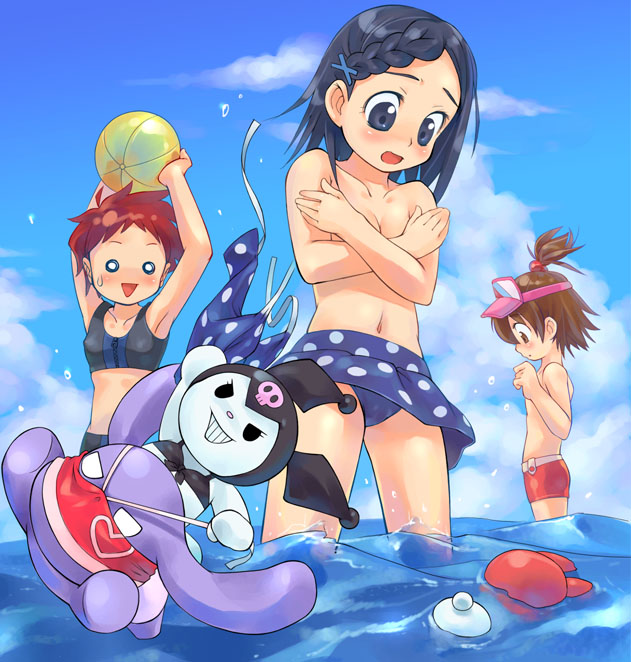 minawa, baku (onegai my melody), fujisaki mana, kuromi, sakurazuka miki, yumeno koto, onegai my melody, sanrio, 00s, 3girls, assisted exposure, ball, beachball, bikini, blue eyes, blue hair, blush, braid, brown hair, clothes theft, cloud, collarbone, covering breasts, covering privates, day, embarrassed, forced, hair ornament, loli, multiple girls, navel, o o, polka dot, polka dot bikini, polka dot swimsuit, red hair, standing, swimsuit, swimsuit theft, theft, topless female, triangle mouth, undressing, unworn bikini top, wading