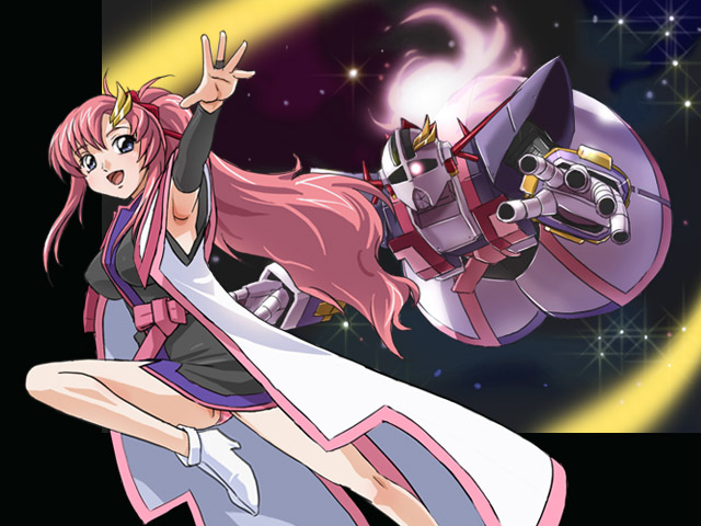 haruyama kazunori, lacus clyne, zeong, gundam, gundam seed, gundam seed destiny, 1girl, bow, crossover, female focus, in-franchise crossover, japanese clothes, kimono, mecha, obi, parody, pink hair, robot, sash, solo, space