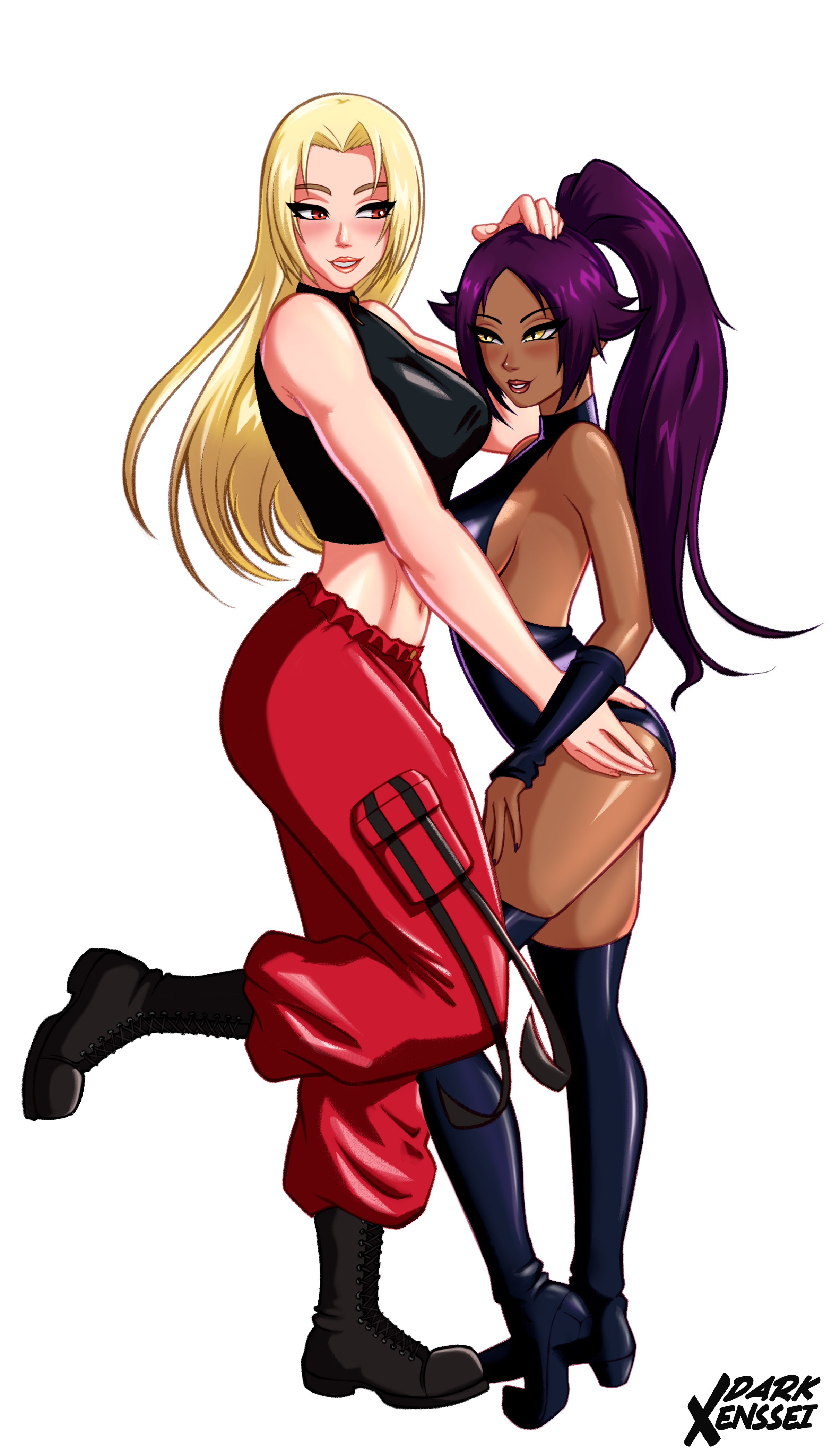 darkxenssei, shihouin yoruichi, tsukumo yuki (jujutsu kaisen), bleach, bleach: sennen kessen-hen, jujutsu kaisen, commission, 2girls, artist name, bare shoulders, blonde hair, boots, breasts, crop top, dark-skinned female, dark skin, hair ornament, large breasts, long hair, multiple girls, pants, parted bangs, ponytail, purple hair, shiny skin, simple background, thighhighs, white background, yellow eyes