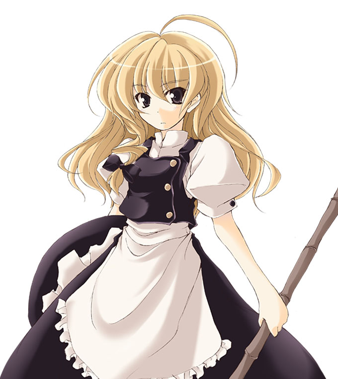 kirisame marisa, touhou, artist request, 1girl, ahoge, apron, bamboo broom, black hat, blonde hair, broom, brown eyes, buttons, dress, female focus, hair ribbon, hat, long hair, ribbon, skirt, skirt set, solo, tress ribbon, unworn hat, unworn headwear, witch, witch hat