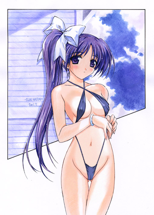 hasumi elan, itou noemi, with you, 00s, 1girl, 2001, bangle, black one-piece swimsuit, black slingshot swimsuit, blush, bow, bracelet, breasts, cleavage, female focus, groin, hair bow, high side ponytail, jewelry, navel, one-piece swimsuit, pretzel bikini, purple eyes, purple hair, side ponytail, signature, slingshot swimsuit, solo, standing, stomach, swimsuit, thigh gap, thighs