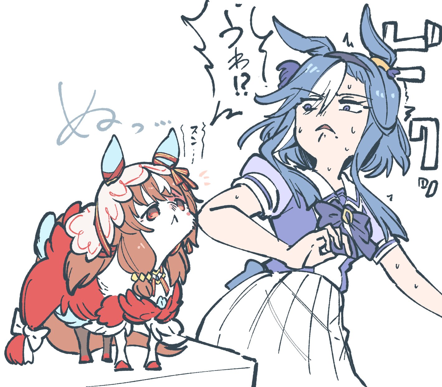 takatsuki nato, still in love (umamusume), umamusume, commentary request, highres, translation request, 1girl, :<, admire groove (umamusume), animal ears, animalization, back bow, blue eyes, blue hair, bow, bowtie, brown hair, ear covers, ear ornament, ear ribbon, furrowed brow, hooves, horse ears, horse girl, long hair, nervous sweating, notice lines, pleated skirt, puffy short sleeves, puffy sleeves, purple bow, purple bowtie, purple shirt, red eyes, sailor collar, school uniform, shirt, short hair with long locks, short sleeves, skirt, summer uniform, surprised, sweat, tracen school uniform, veil, white hair, white sailor collar, white skirt