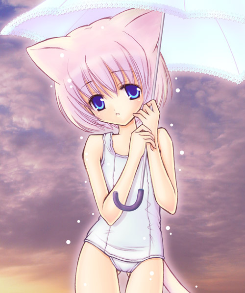 rin-45c, original, bad id, bad pixiv id, 1girl, animal ears, blue eyes, cat ears, cat tail, female focus, flat chest, one-piece swimsuit, pink hair, school swimsuit, short hair, solo, swimsuit, tail, thighhighs, umbrella, white one-piece swimsuit, white school swimsuit