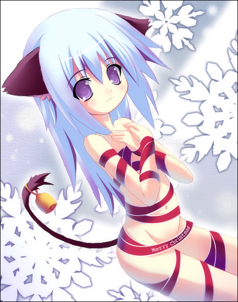 yamamoto nori, original, 1girl, animal ears, bdsm, bell, blue hair, bondage, bound, bound wrists, cat ears, cat tail, christmas, female focus, loli, long hair, naked ribbon, navel, purple eyes, ribbon, solo, tail, tail bell, tail ornament