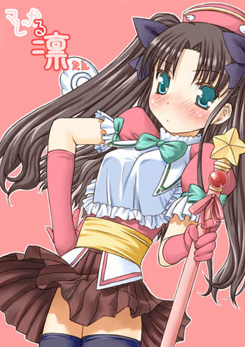 figo, tohsaka rin, fate/stay night, fate (series), lowres, 00s, 1girl, bad anatomy, blush, brown hair, female focus, frills, gloves, green eyes, magical girl, poorly drawn, red gloves, ribbon, solo, thighhighs, twintails, wand, zettai ryouiki