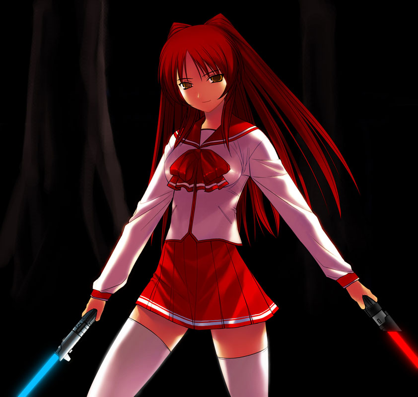 a1 (initial-g), kousaka tamaki, to heart (series), to heart 2, 00s, brown eyes, dual wielding, energy sword, hands on own hips, holding, lightsaber, long hair, pleated skirt, red hair, school uniform, serafuku, skirt, solo, sword, thighhighs, weapon, zettai ryouiki