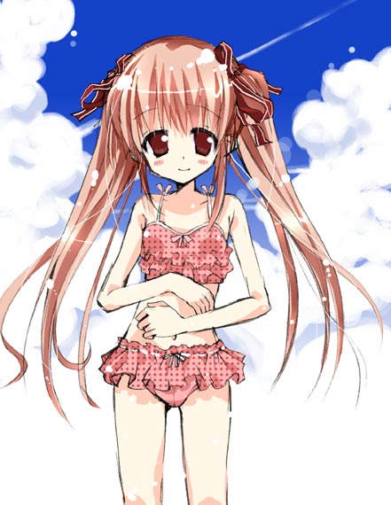 takasaki yuuki, tagme, bikini, cloud, day, frilled bikini, frills, pink bikini, polka dot, polka dot bikini, ruffle bikini, solo, swimsuit, tankini, twintails