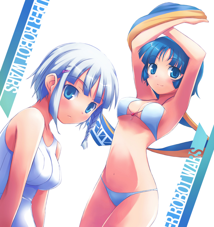 nanakusa, kusuha mizuha, seolla schweizer, banpresto, super robot wars, armpits, arms up, bikini, blue eyes, blue hair, braid, swimsuit