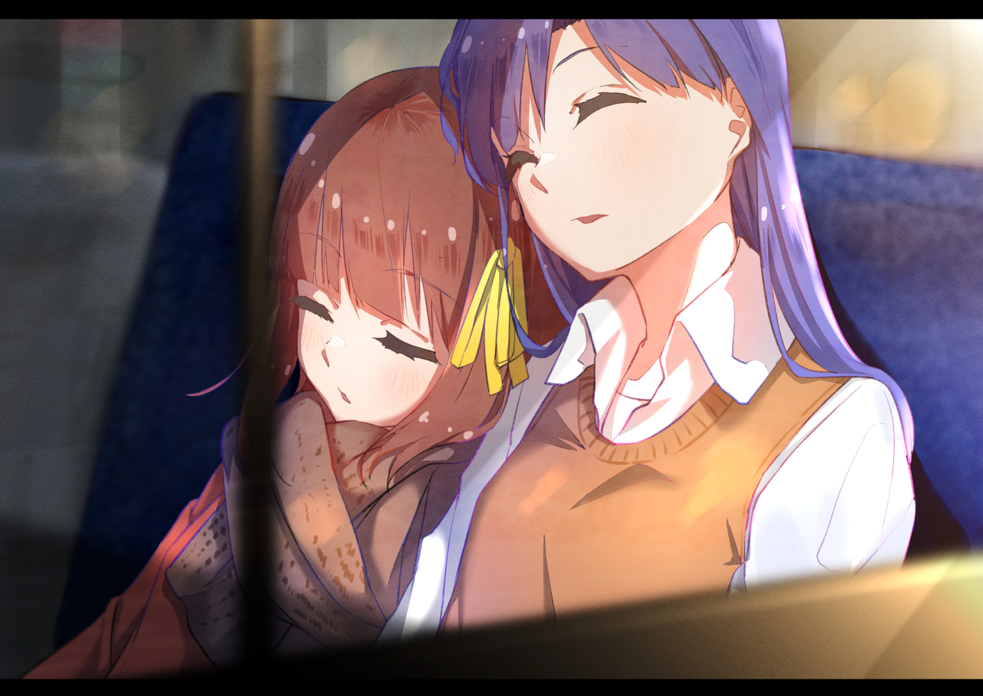 musihara, amami haruka, kisaragi chihaya, idolmaster, idolmaster (classic), 2girls, blue hair, brown hair, brown scarf, brown sweater vest, closed eyes, collared shirt, from outside, light blush, long hair, multiple girls, ribbon, scarf, shirt, short hair, sitting, sleeping, sweater vest, yellow ribbon, yuri