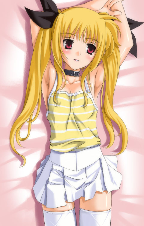 umekichi, fate testarossa, lyrical nanoha, mahou shoujo lyrical nanoha, mahou shoujo lyrical nanoha a's, 00s, blouse, casual, collar, hair between eyes, hair ribbon, ribbon, shirt, solo, striped clothes, striped shirt, thighhighs, twintails, zettai ryouiki