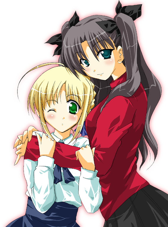 kineya emuko, artoria pendragon (fate), saber (fate), tohsaka rin, fate/stay night, fate (series), arm grab, 00s, 2girls, ahoge, arm around shoulder, blonde hair, brown hair, green eyes, hair ribbon, head tilt, hug, long hair, looking at viewer, multiple girls, neck ribbon, one eye closed, ribbon, shirt, simple background, skirt, standing, turtleneck, two side up, upper body